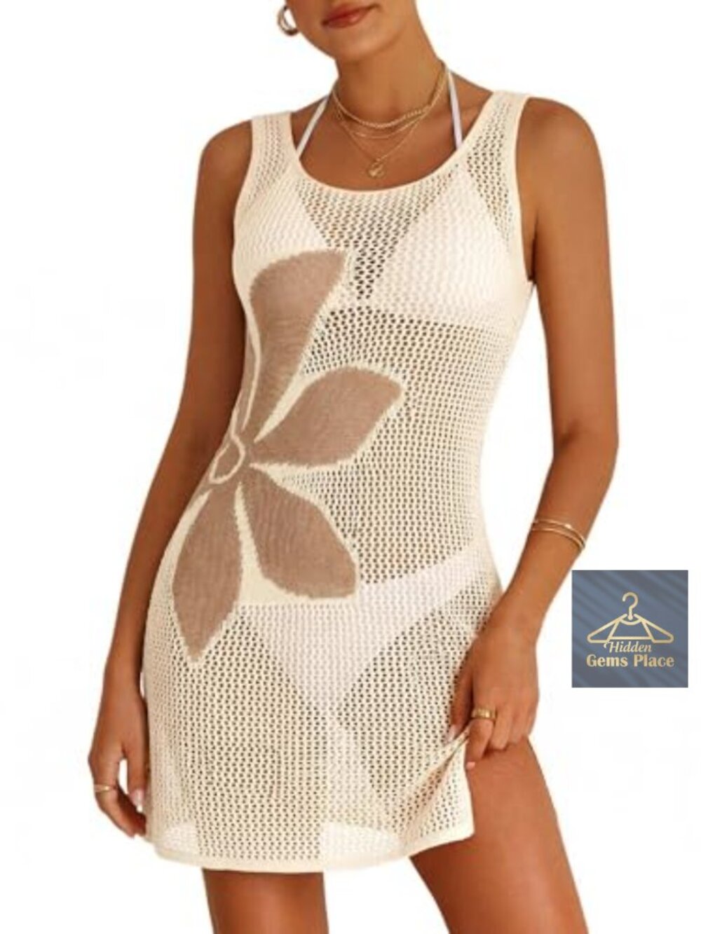Womens Open Knit Swimsuit Coverup Sleeveless Floral Beach Cover Up